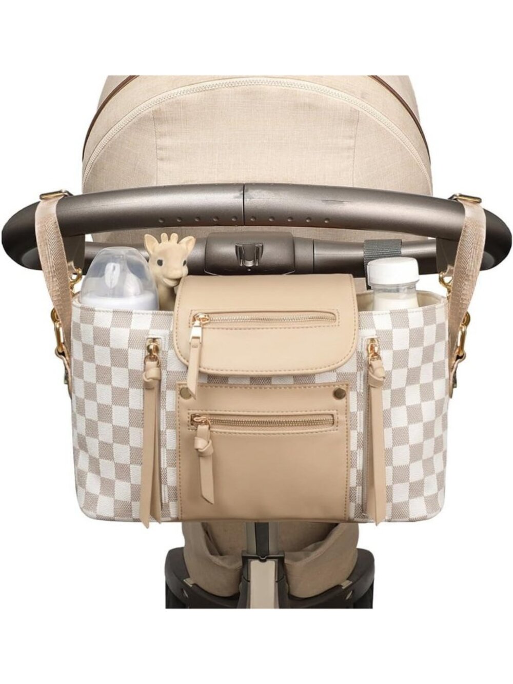 Checkered Stroller Caddy with Insulated Cup Holder | Universal Organizer Bag for